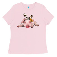 Bubblegum Pink baby pig with cowhide ribbon Ladies Tee - RanaPortraitStore