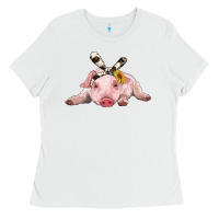 White baby pig with cowhide ribbon Ladies Tee - RanaPortraitStore
