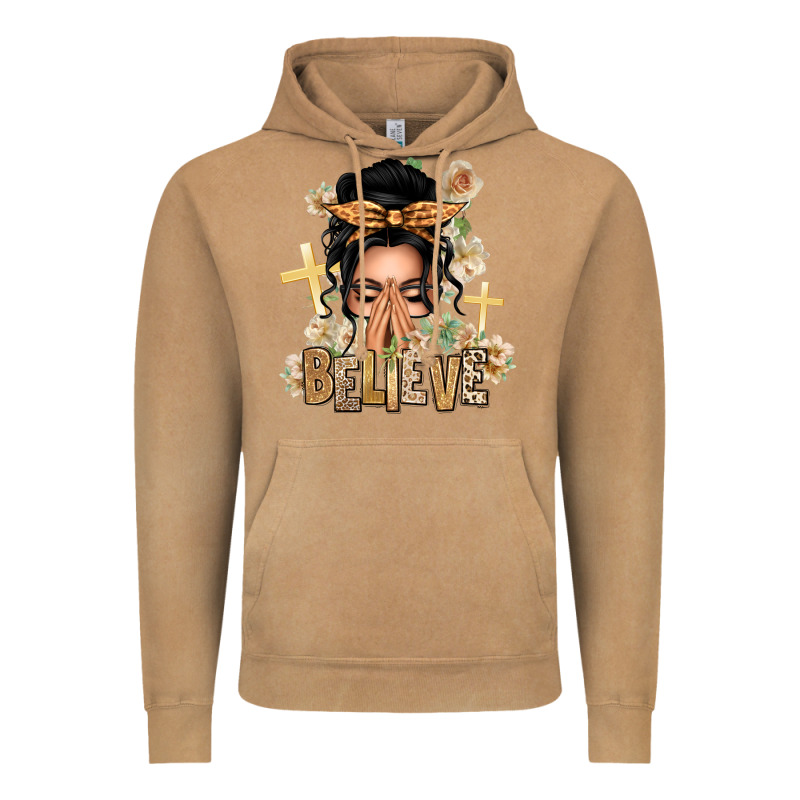 Black Hair Believe Praying Caucasian Messy Bun Vintage Hoodie by texasbilliewilder | Teevron