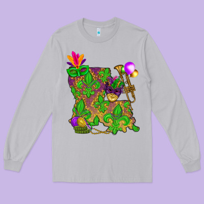 Louisiana Map Mardi Gras Long Sleeve Tee Designed By Howdyjamesfarm