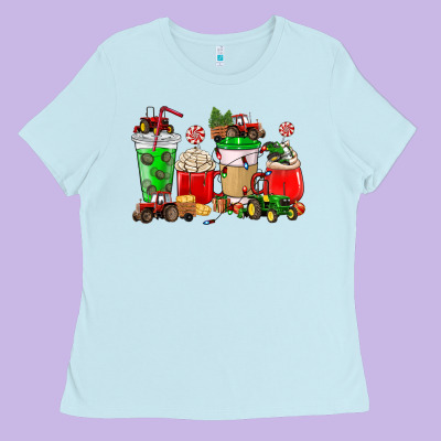 Christmas Tractor Coffee Cup Ladies Tee Designed By Nancycooperartshop