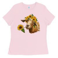 Bubblegum Pink goat with sunflower Ladies Tee - RanaPortraitStore