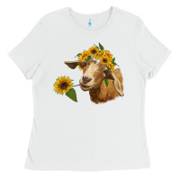 White goat with sunflower Ladies Tee - RanaPortraitStore