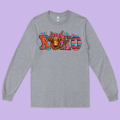 Xoxo Valentine's Day Highland Cow Long Sleeve Tee Designed By Jasminsmagicworld