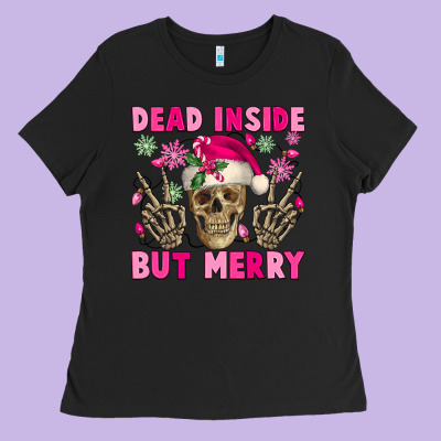 Dead Inside But Merry Pink Christmas Skeleton Ladies Tee Designed By Nancycooperartshop
