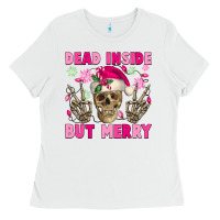 White Dead inside but merry pink Christmas skeleton Ladies Tee - NancyCooperArtShop