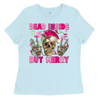 Baby Blue Dead inside but merry pink Christmas skeleton Ladies Tee - NancyCooperArtShop