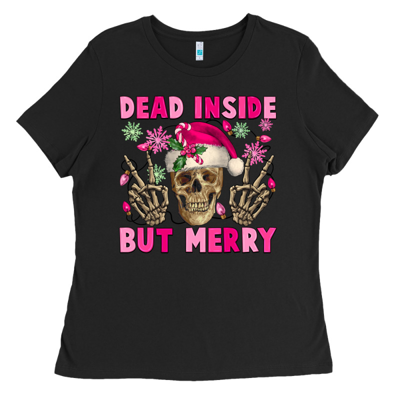 Dead Inside But Merry Pink Christmas Skeleton Ladies Tee by NancyCooperArtShop | Teevron
