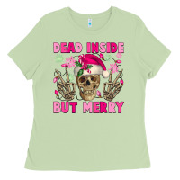 Matcha Dead inside but merry pink Christmas skeleton Ladies Tee - NancyCooperArtShop