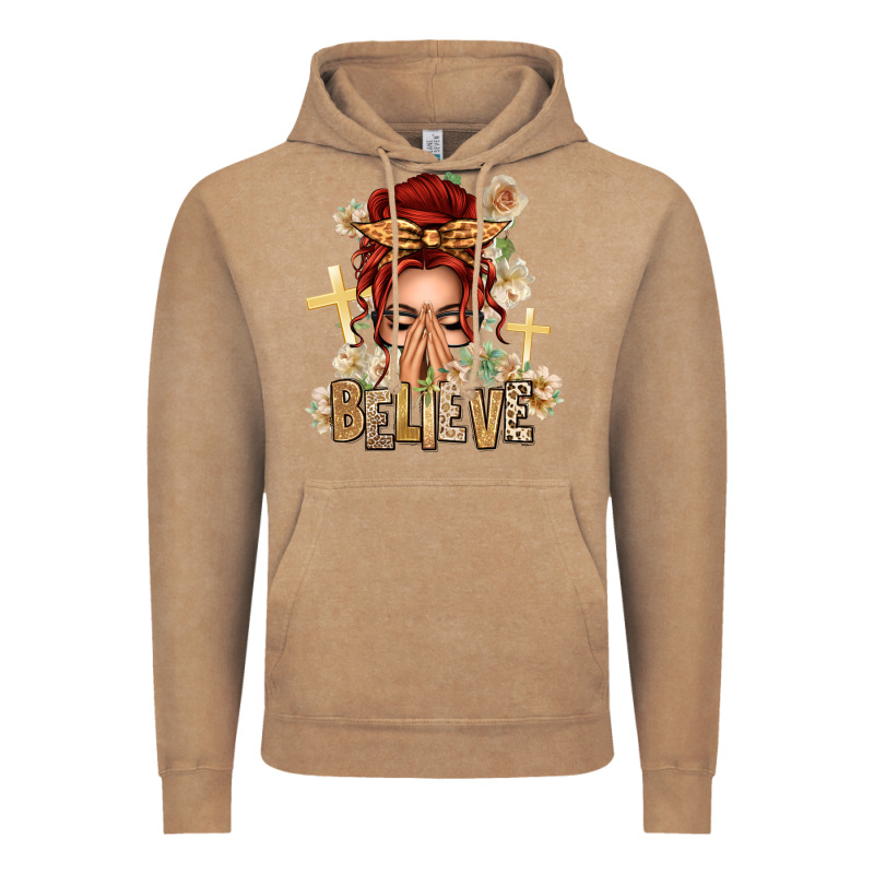 Red Hair Believe Praying Caucasian Messy Bun Vintage Hoodie by texasbilliewilder | Teevron
