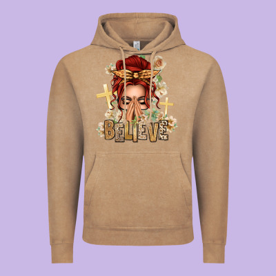 Red Hair Believe Praying Caucasian Messy Bun Vintage Hoodie Designed By Texasbilliewilder