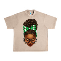 French Oak Afro Messy Bun Green and White Bow Urban Heavy Tee - texasbilliewilder