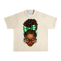 Sandshell Afro Messy Bun Green and White Bow Urban Heavy Tee - texasbilliewilder