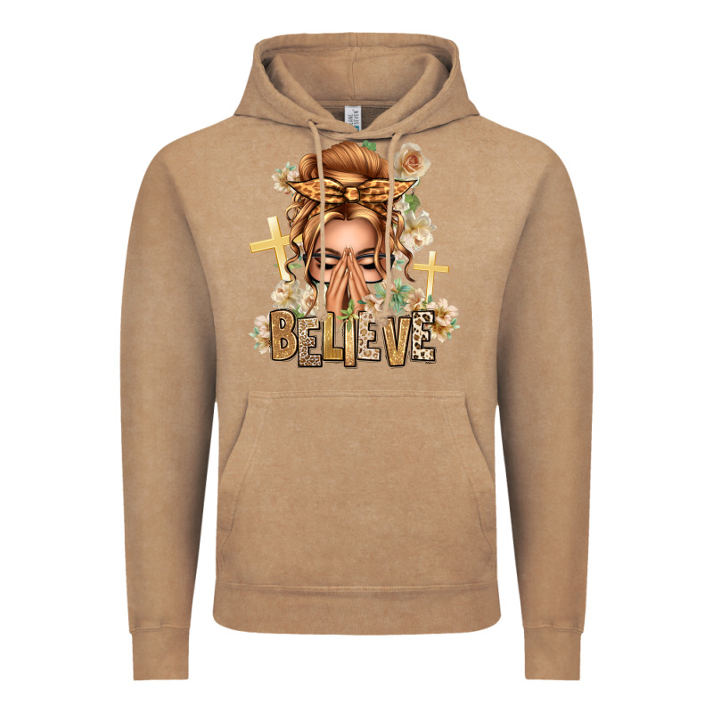 Blonde Hair Believe Praying Caucasian Messy Bun Vintage Hoodie by texasbilliewilder | Teevron