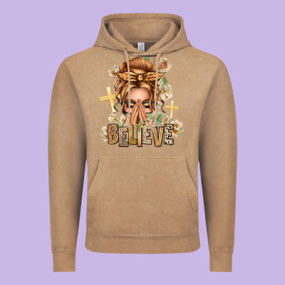 Blonde Hair Believe Praying Caucasian Messy Bun Vintage Hoodie Designed By Texasbilliewilder