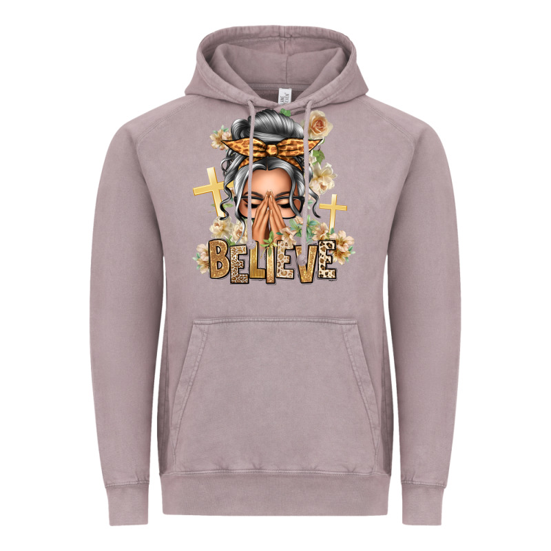 Silver White Believe Praying Caucasian Messy Bun Vintage Hoodie by texasbilliewilder | Teevron