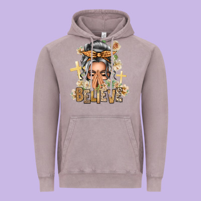 Silver White Believe Praying Caucasian Messy Bun Vintage Hoodie Designed By Texasbilliewilder