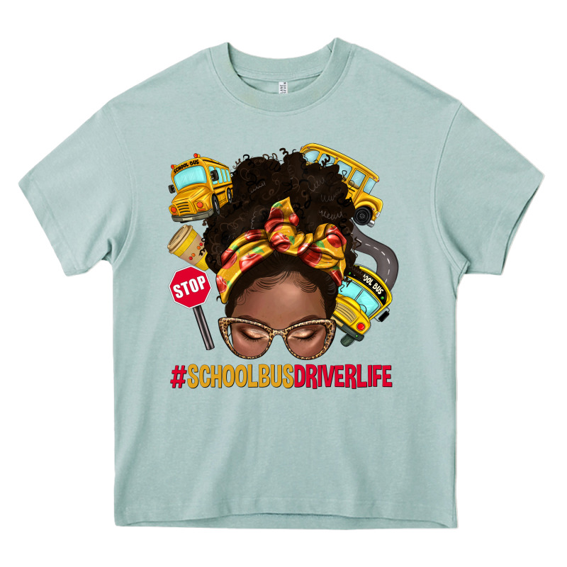 School Bus Driver Life Afro Messy Bun Heavy Core Tee by NancyCooperArtShop | Teevron