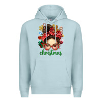 Blue Mist Christmas Messy Bun With Gingerbread Man Premium Hoodie - BundleAndBundleShop