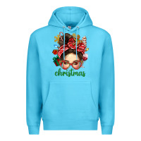 Ocean Blue Christmas Messy Bun With Gingerbread Man Premium Hoodie - BundleAndBundleShop