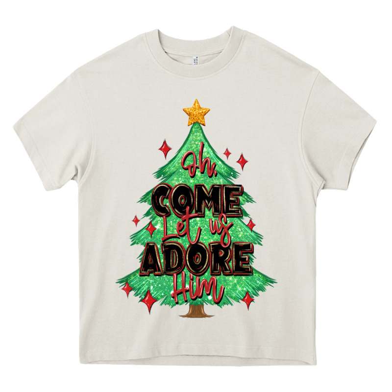 Oh Come Let Us Adore Him Christmas Tree Heavy Core Tee by MaliasSmallBusiness | Teevron