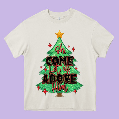 Oh Come Let Us Adore Him Christmas Tree Heavy Core Tee Designed By Maliassmallbusiness