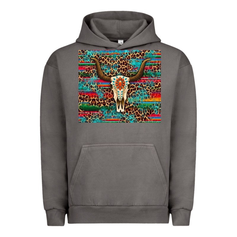 Western Serape Leopard Bull Skull Turquoise Urban Hoodie by Artiststas | Teevron