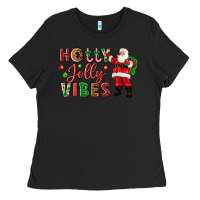 Black Holly Jolly vibes Christmas with Santa Ladies Tee - NancyCooperArtShop