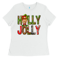 White Holly Jolly elf gnome Ladies Tee - NancyCooperArtShop