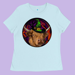 Halloween Highland Cow Round Ladies Tee Designed By Ranaportraitstore