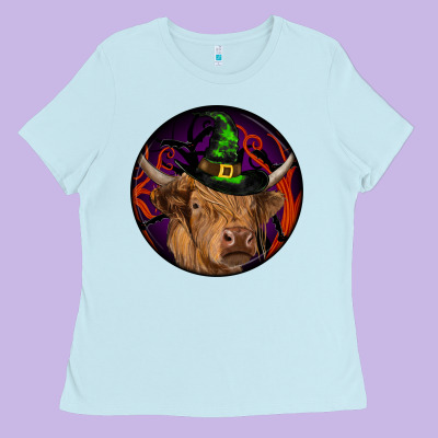 Halloween Highland Cow Round Ladies Tee Designed By Ranaportraitstore