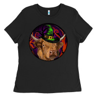 Black halloween highland cow round Ladies Tee - RanaPortraitStore