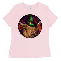 Bubblegum Pink halloween highland cow round Ladies Tee - RanaPortraitStore