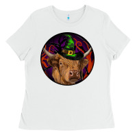 White halloween highland cow round Ladies Tee - RanaPortraitStore