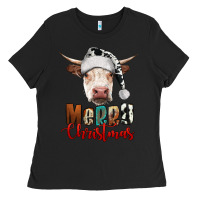 Black merry christmas hereford cow Ladies Tee - RanaPortraitStore