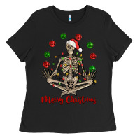 Black Merry Christmas skeleton Ladies Tee - NancyCooperArtShop