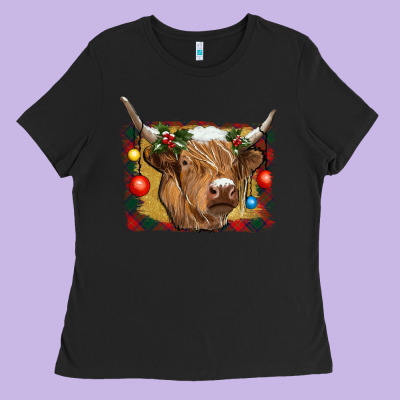Highland Cow Christmas Ladies Tee Designed By Ranaportraitstore