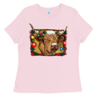 Bubblegum Pink highland cow christmas Ladies Tee - RanaPortraitStore