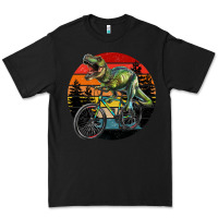 Black t rex dinosaur riding bicycle with retro forest sunset Premium Tee - RanaPortraitStore