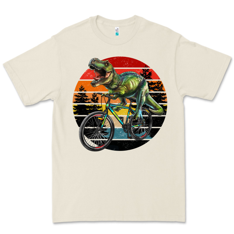T Rex Dinosaur Riding Bicycle With Retro Forest Sunset Premium Tee by RanaPortraitStore | Teevron
