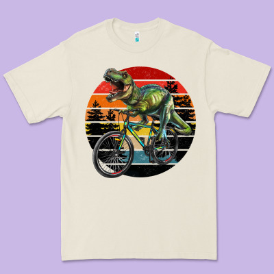 T Rex Dinosaur Riding Bicycle With Retro Forest Sunset Premium Tee Designed By Ranaportraitstore