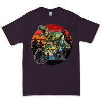 Plum t rex dinosaur riding bicycle with retro forest sunset Premium Tee - RanaPortraitStore