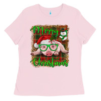 Bubblegum Pink merry christmas baby pig Ladies Tee - RanaPortraitStore