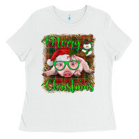 White merry christmas baby pig Ladies Tee - RanaPortraitStore