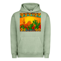 Pigment Oil Green desert sunset with cactus sunflowers and leopard Urban Hoodie - Artiststas
