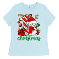 Baby Blue My 1st. Christmas with cute snowman Ladies Tee - NancyCooperArtShop