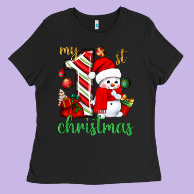 My 1st. Christmas With Cute Snowman Ladies Tee Designed By Nancycooperartshop