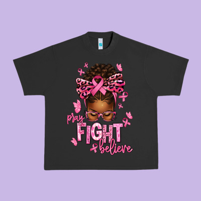 Pray Fight Believe Breast Cancer Afro Messy Urban Heavy Tee Designed By Texasbilliewilder