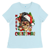 Baby Blue Merry Christmas skeleton messy bun Ladies Tee - NancyCooperArtShop