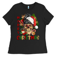 Black Merry Christmas skeleton messy bun Ladies Tee - NancyCooperArtShop